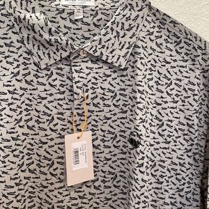 NWT Peter Millar polo for golf. Brand new. Gray with black planes. With tags! XL